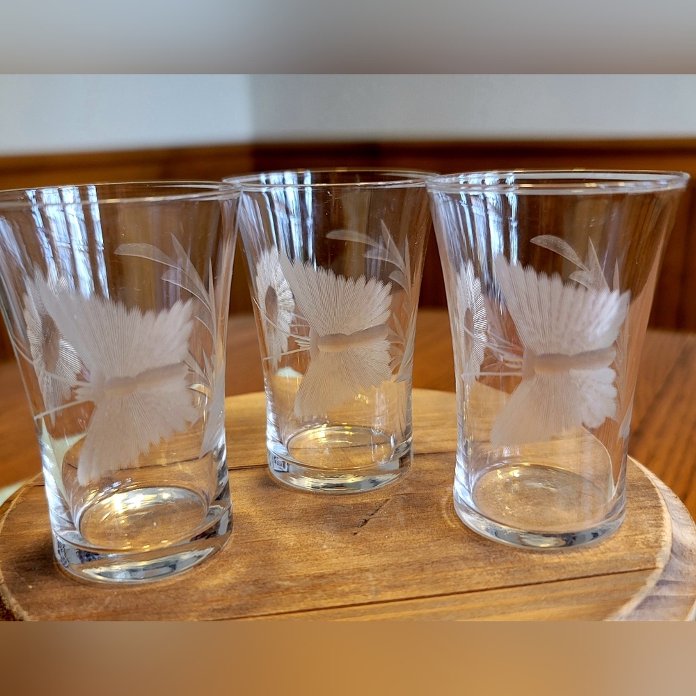 VTG Pretty Butterfly Etched Juice Glasses Set Of 3